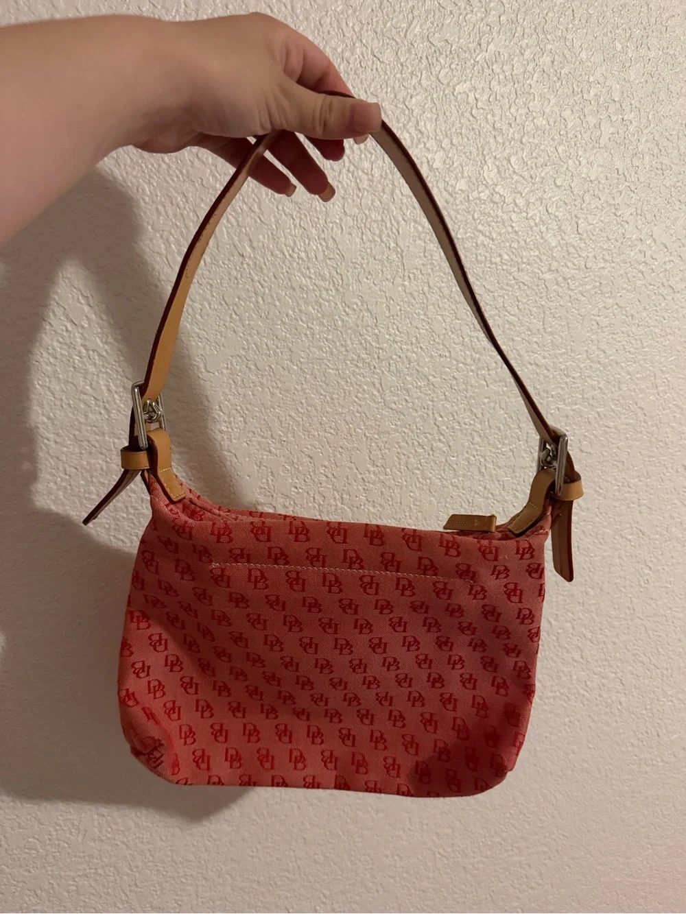 Dooney & Bourke Red Patterned Shoulder Bag with Tan Strap - Picture 2 of 7